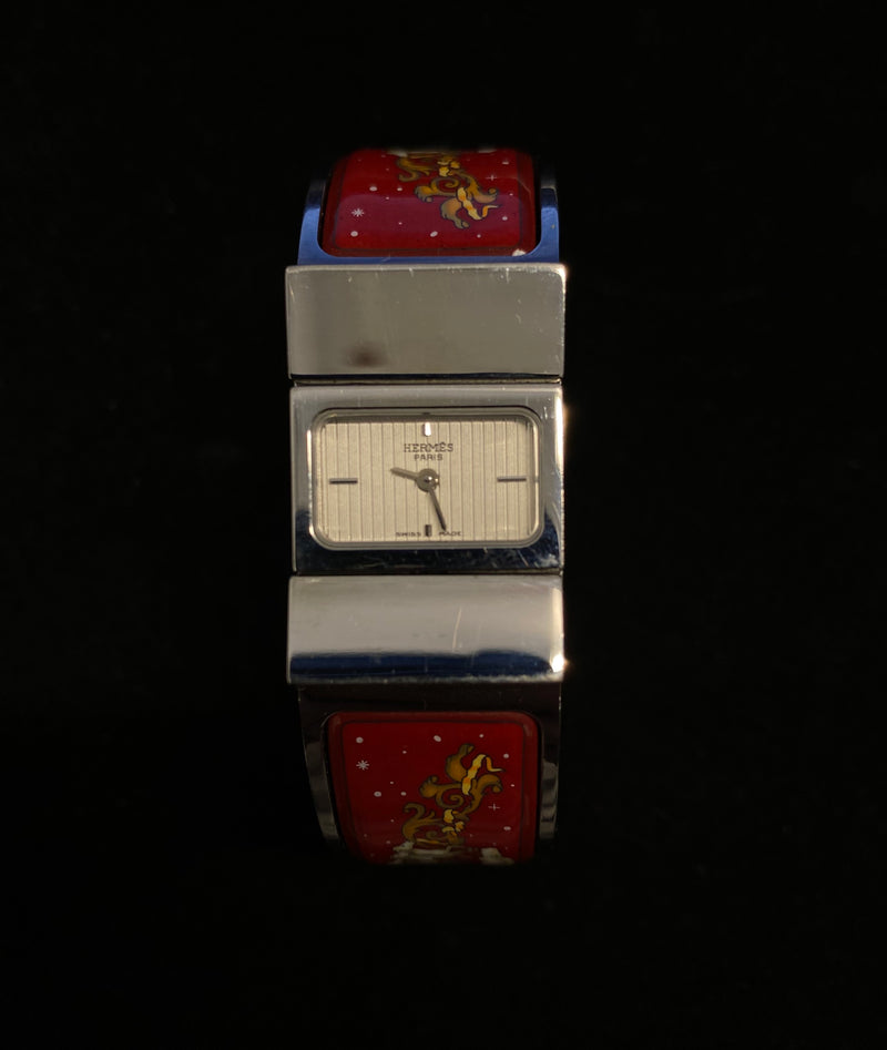 HERMES Red Enamel Printed Horse Loquet Horse & Chariot Cuff Wristwatch - $6K Appraisal Value! ✓ APR 57