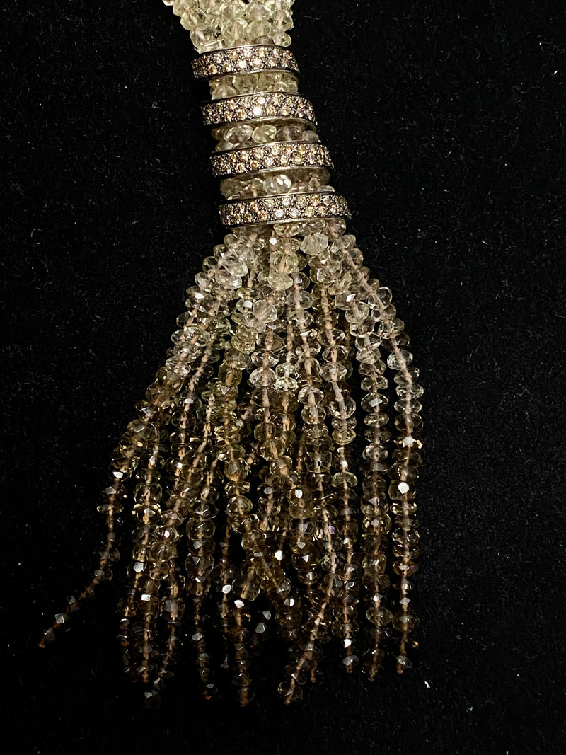 Incredible High-End Designer Diamond Studded Brown-Hue 10-Strand Beaded Tassel Necklace 18K White Gold w/ 102 Diamonds! - $10K Appraisal Value! APR 57