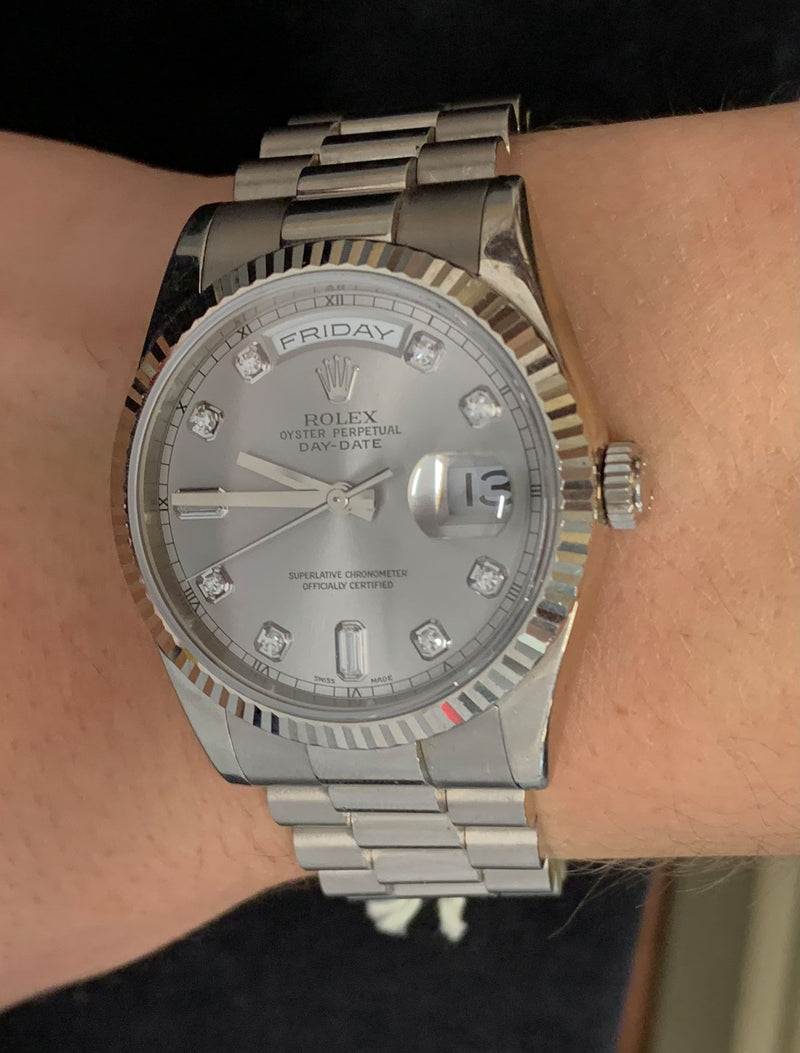 ROLEX President Day Date 18KWG Diamond Watch w/ Silver Oyster Platinum Dial - $100K APR Value w/ CoA! APR 57