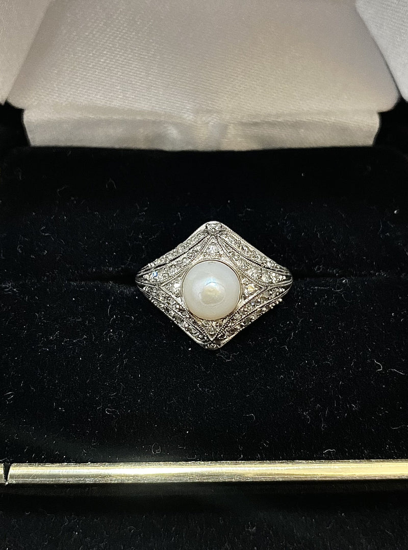 1950's Antique Design Platinum Pearl Ring with 40-Diamonds - $15K Appraisal Value w/ CoA! APR 57