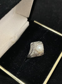 1950's Antique Design Platinum Pearl Ring with 40-Diamonds - $15K Appraisal Value w/ CoA! APR 57