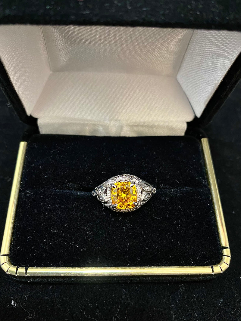 Victorian Design Solid Yellow Gold Fancy Vivid Yellow Diamond Filigree Ring - $80K Appraisal Value w/ CoA! APR 57