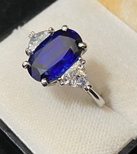 Unique Designer 18K White Gold Oval Sapphire with Trillion Diamonds Ring - $80K Appraisal Value w/CoA} APR57