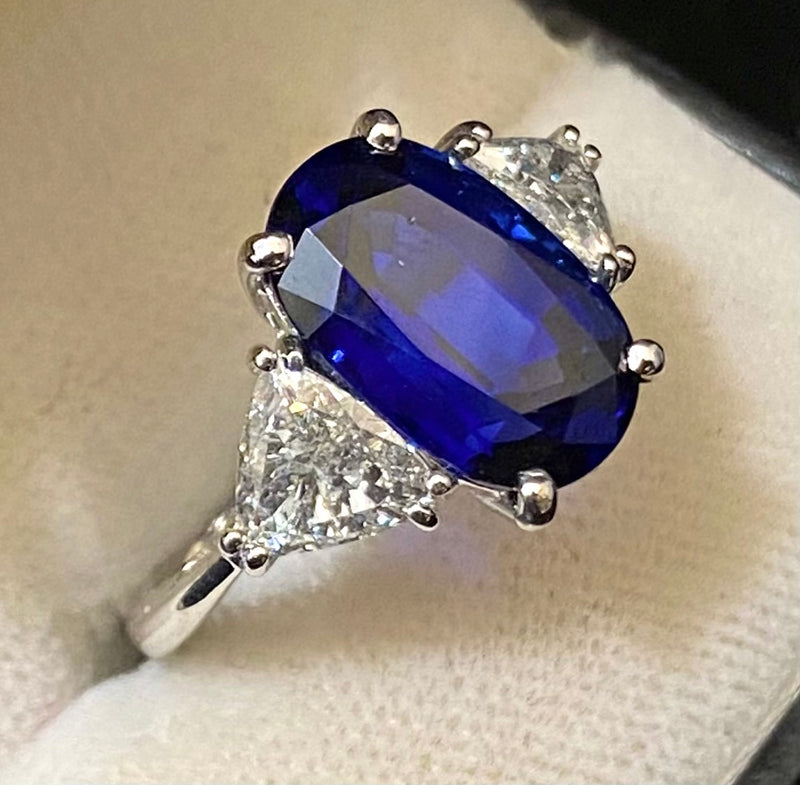 Unique Designer 18K White Gold Oval Sapphire with Trillion Diamonds Ring - $80K Appraisal Value w/CoA} APR57