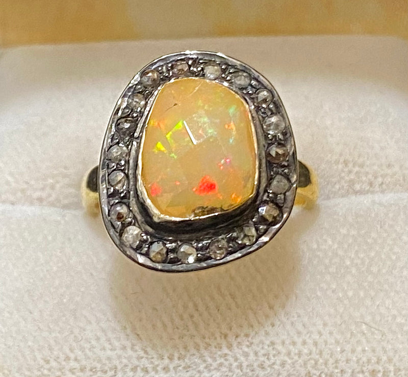 Antique Design Yellow Gold P& Sterling Silver with Opal & Diamonds Ring - $6K Appraisal Value w/CoA} APR57