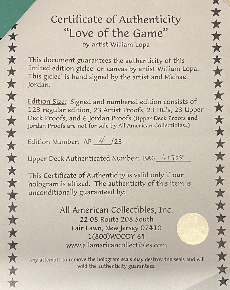 MICHAEL JORDAN Signed "For Love of the Game" Print by William Lopa w/ FREE NFT - $100K APR Value w/ CoA! APR 57