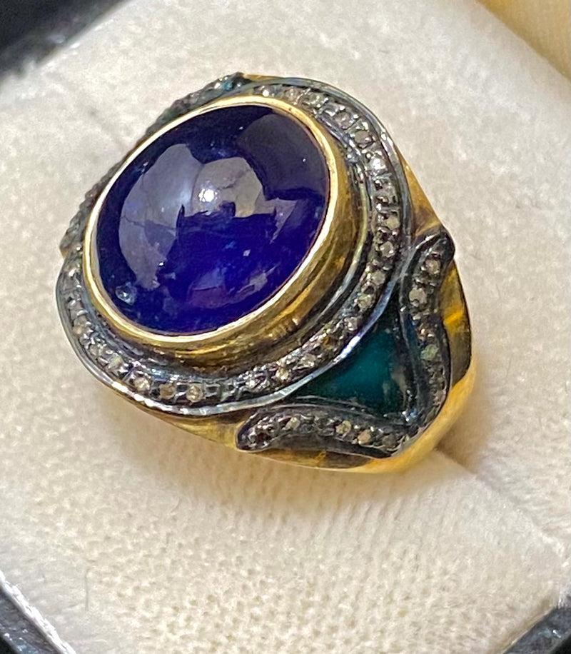 Antique Designer Yellow Gold P& Sterling Silver with Sapphire & 60-Diamond Ring - $8K Appraisal Value w/CoA} APR57