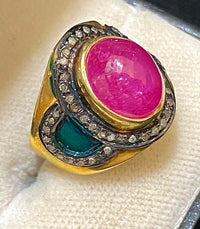 Unique Design Yellow Gold & Sterling Silver with Ruby & Diamonds Ring - $15K Appraisal Value w/CoA} APR57