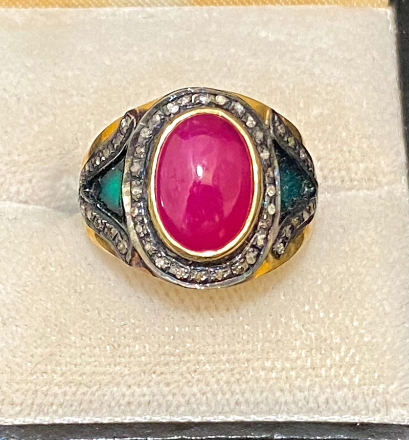 Antique Design Yellow Gold P & Sterling Silver with Ruby & Diamonds Ring - $10K Appraisal Value w/CoA} APR57