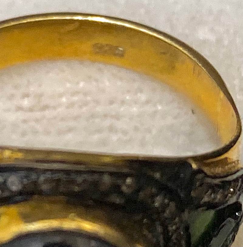 Antique Design Yellow Gold Covered Sterling Silver with Sapphire and Diamonds Ring - $8K Appraisal Value w/CoA} APR57