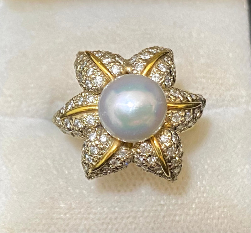 Tiffany & Co. 18K Yellow Gold with 9mm Pearl & 90 Diamonds Ring - $20K Appraisal Value w/CoA} APR57