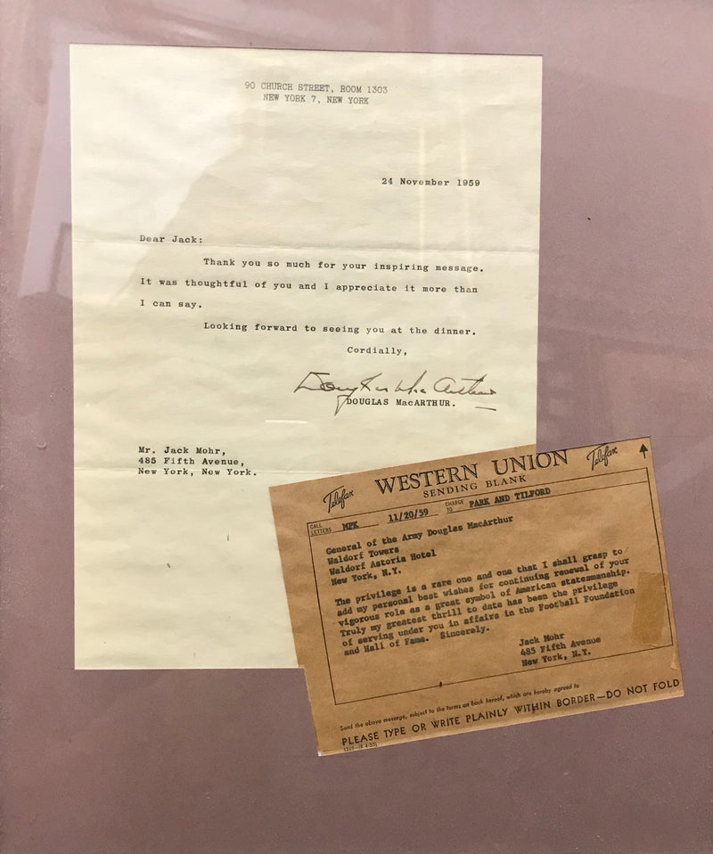 GENERAL DOUGLAS MACARTHUR Signed Typed Letter Referencing the 1959 Football Foundation and Hall of Fame Ceremony - $5K VALUE APR 57