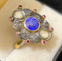 Antique Design Yellow Gold Covered with Sapphire & Diamond & Ruby Ring - $10K Appraisal Value w/CoA} APR57