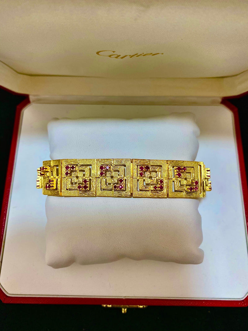 Lalaounis-style Textured 18K YG Bracelet with 72 Rubies! - $30 Appraisal Value w/ CoA } APR 57