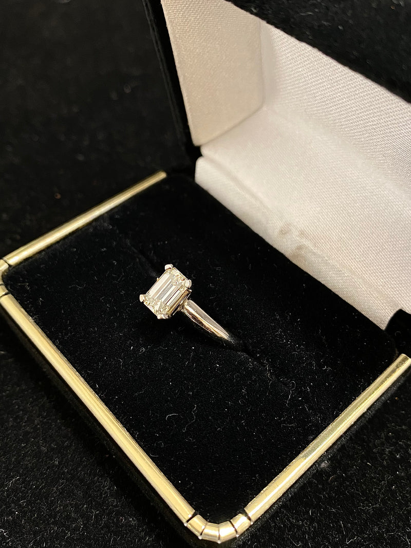 Tiffany-style Solid White Gold Solitaire Emerald cut Diamond Ring - $30K Appraisal Value w/CoA} APR 57