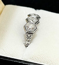 Antique Filigree Design 3-Diamond 18K White Gold Ring - $10K APR Value w/CoA} APR57