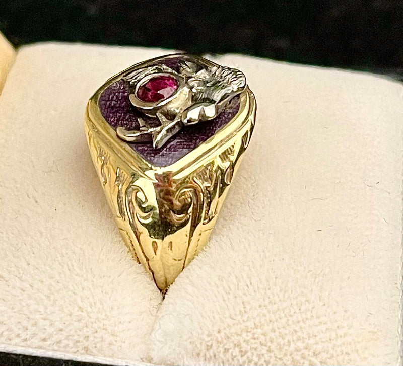 1900's Unique Elks Club Ruby Ring in Solid White/Yellow Gold - $8K APR Value w/CoA} APR57