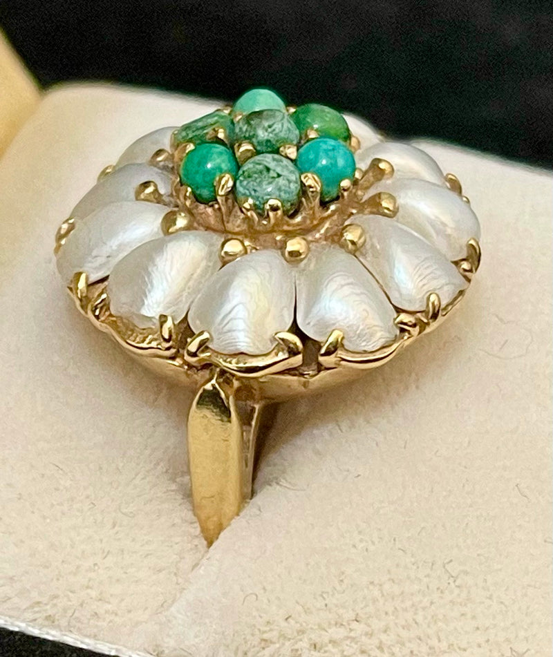 1930s Handmade SYG w Turquoise & Freshwater Pearl Ring - $8K Appraisal valu w/CoA! APR57