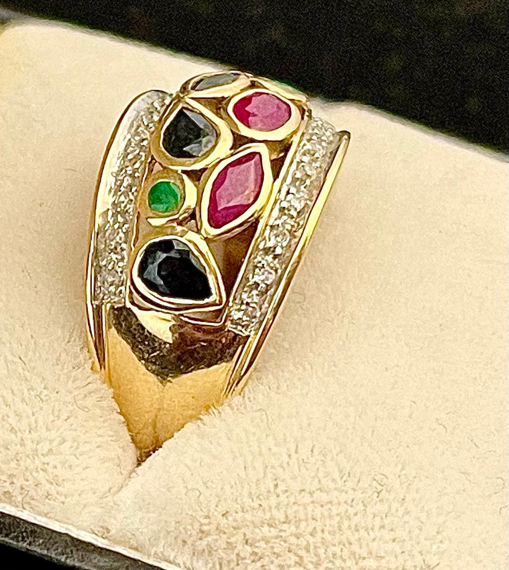 Bulgari style Designer SYG w Sapphire, Ruby, Emer & Diamond Ring - $6K
