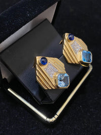 Unique Designer Solid Yellow Gold with Aquamarine & Diamond & Sapphire Earrings - $8K Appraisal Value w/ CoA } APR 57