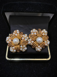 Unique Designer 18K Yellow Gold with 61 Pearls Flower Motif Earrings - $10K Appraisal Value w/CoA} APR 57