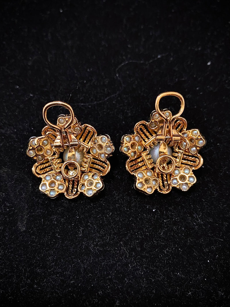 Unique Designer 18K Yellow Gold with 61 Pearls Flower Motif Earrings - $10K Appraisal Value w/CoA} APR 57