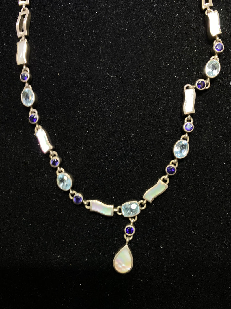 ACLEONI Designer Sterling Silver w 5 Aquamarines 9 Tanzanites & 7 Mother-of-pearl Necklace $4K Appraisal Value w/CoA} APR 57