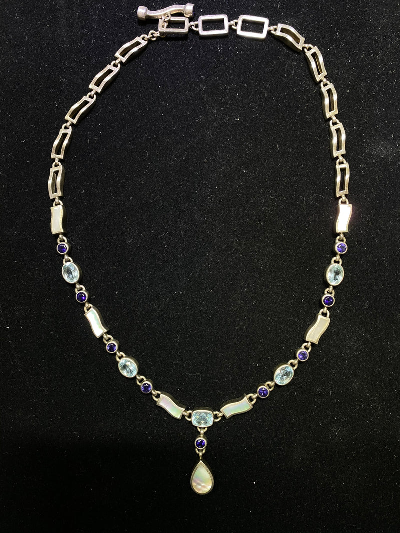 ACLEONI Designer Sterling Silver w 5 Aquamarines 9 Tanzanites & 7 Mother-of-pearl Necklace $4K Appraisal Value w/CoA} APR 57