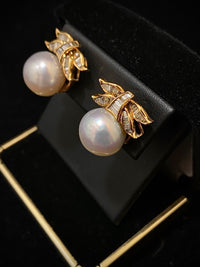 Designer's Solid Yellow Gold with 14mm South Sea Pearl & Diamonds Earrings - $30K Appraisal Value w/ CoA } APR 57