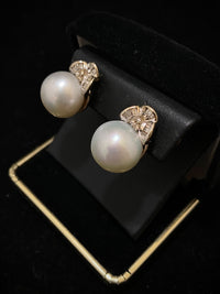 Unique Designer Solid White Gold with 14mm South Sea Pearl & Diamonds Earrings $20K Appraisal Value w/CoA} APR 57