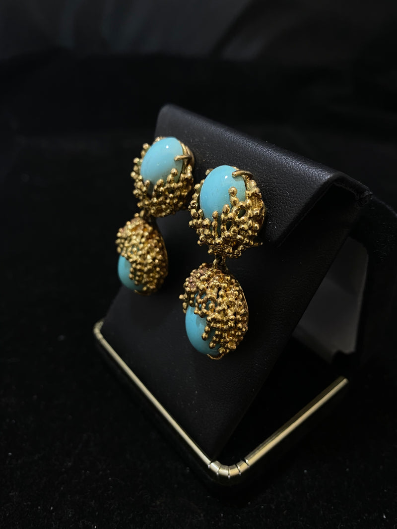 Unique Designer Solid Yellow Gold with Turquoise Earrings - $20K Appraisal Value w/ CoA! } APR 57