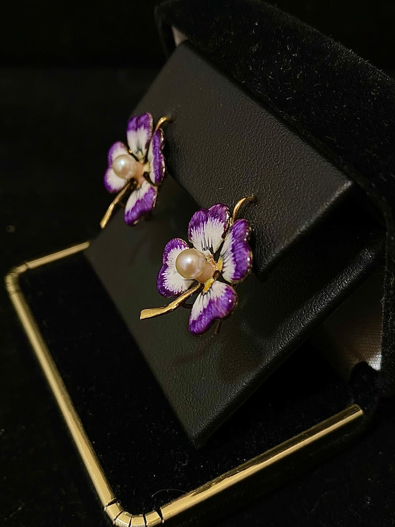 Unique Designer Solid Yellow Gold with Enamel Flower Wire Earrings - $8K Appraisal Value w/ CoA } APR 57