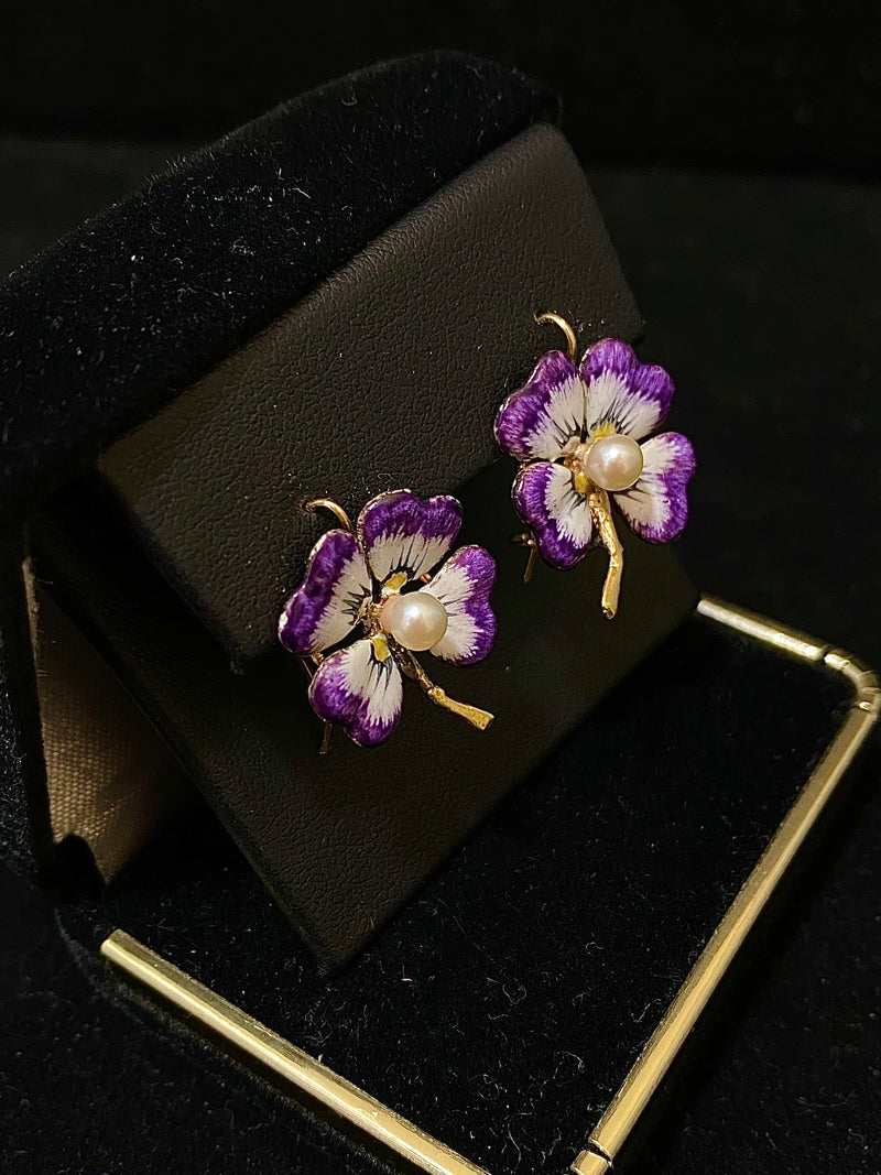 Unique Designer Solid Yellow Gold with Enamel Flower Wire Earrings - $8K Appraisal Value w/ CoA } APR 57