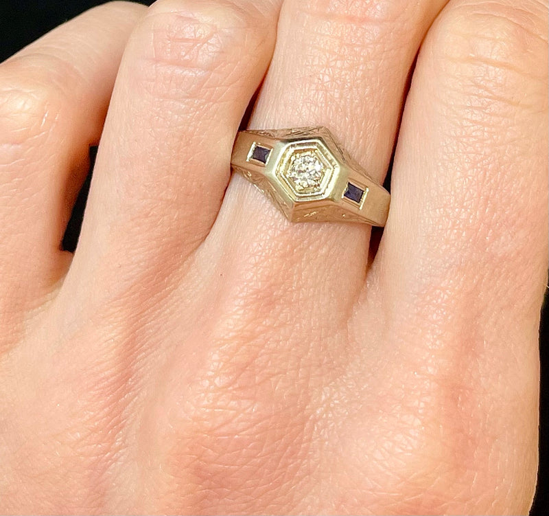 1920s Intricate Filigree Design SWG Diamond & Sapphire Ring - $7K APR value w/CoA! APR57