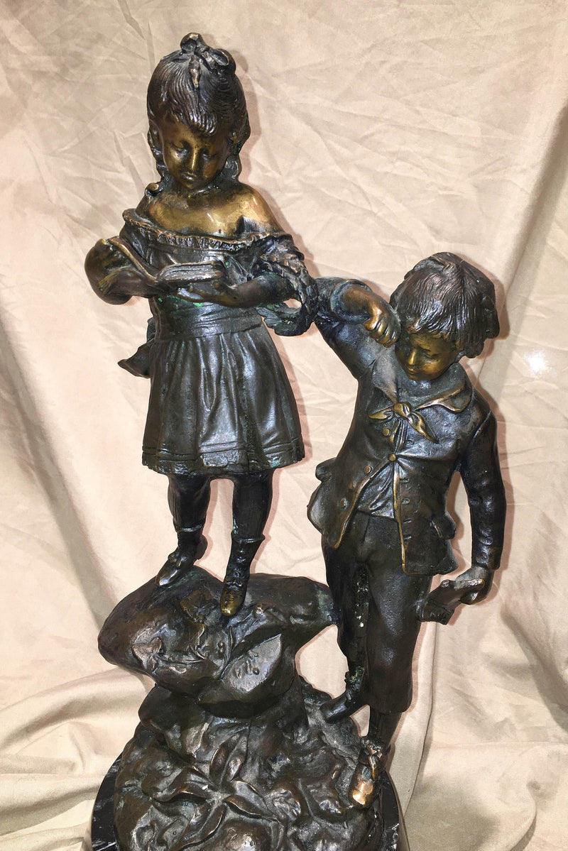 Emile Bruchon "Two Children Playing" French Bronze Sculpture on Marble Base, Late 19th Century - $6K VALUE* APR 57