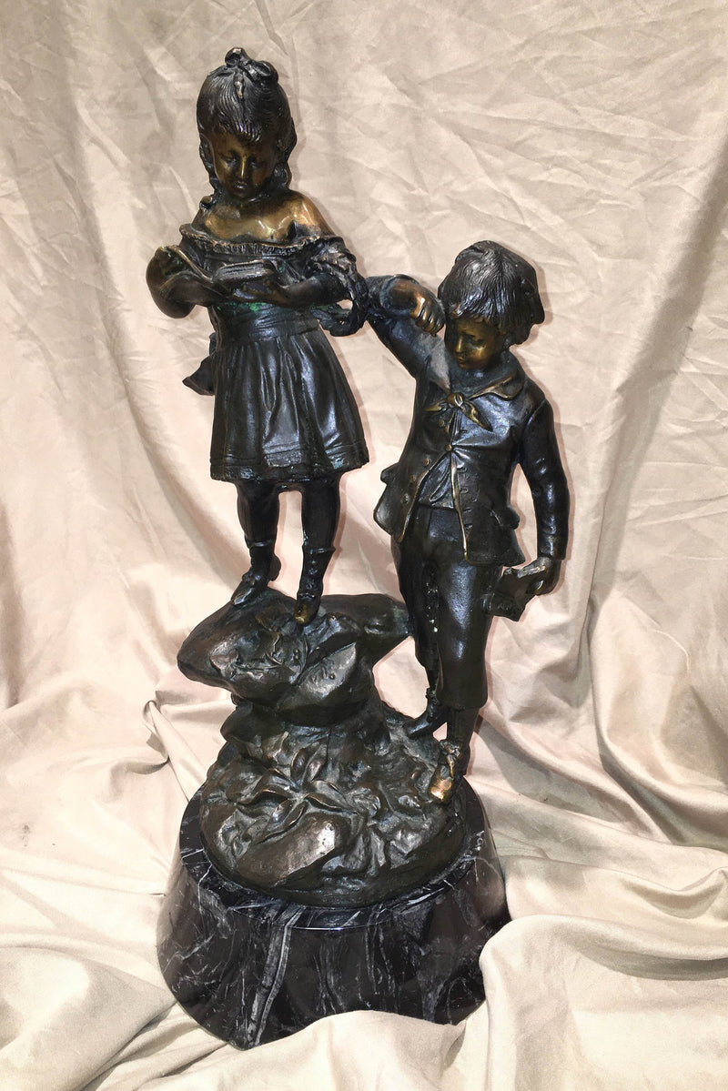 Emile Bruchon "Two Children Playing" French Bronze Sculpture on Marble Base, Late 19th Century - $6K VALUE* APR 57