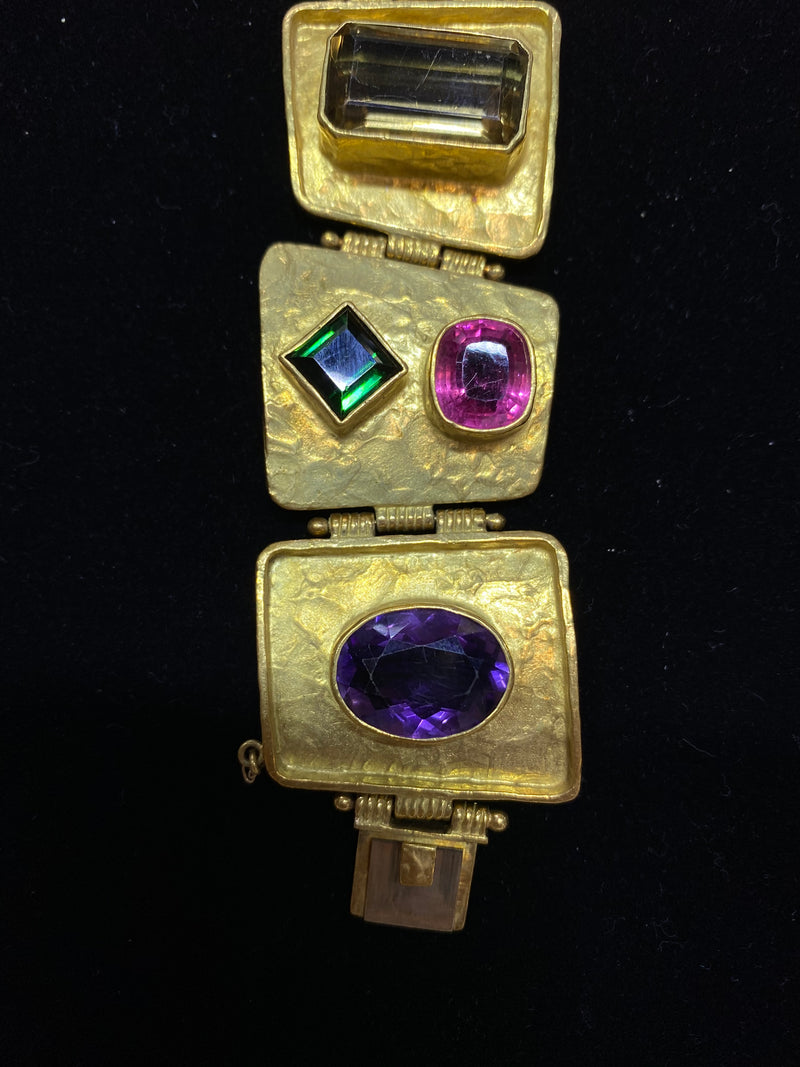 ED WEINER 1980's Textured 18K Yellow Gold Bracelet with 60 Cts. of Colored Stones - $40K Appraisal Value w/ CoA! APR 57