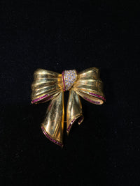 Diamond & Square Cut Ruby Bow Pendant/Brooch in 18K Yellow Gold Appraisal $30K VALUE} APR 57