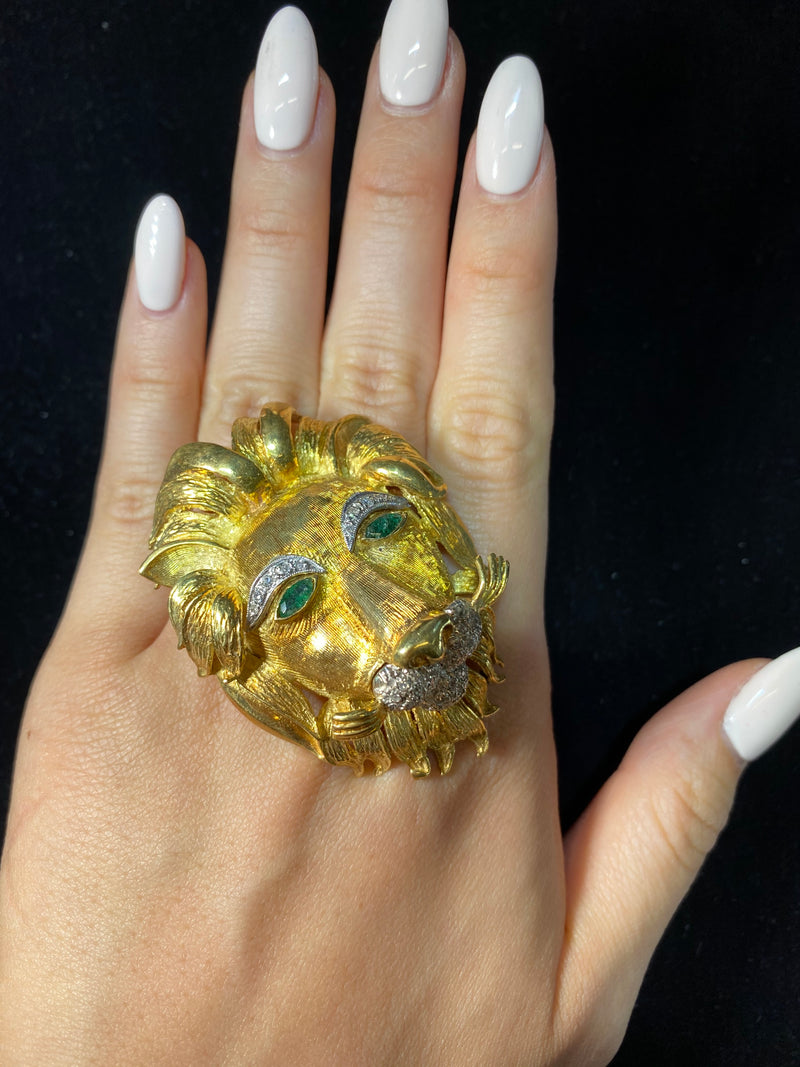 INCREDIBLE 18K YG Lion Head Designer Brooch/Pend Emeralds w/ 35 Diamonds - $30K VALUE APR 57
