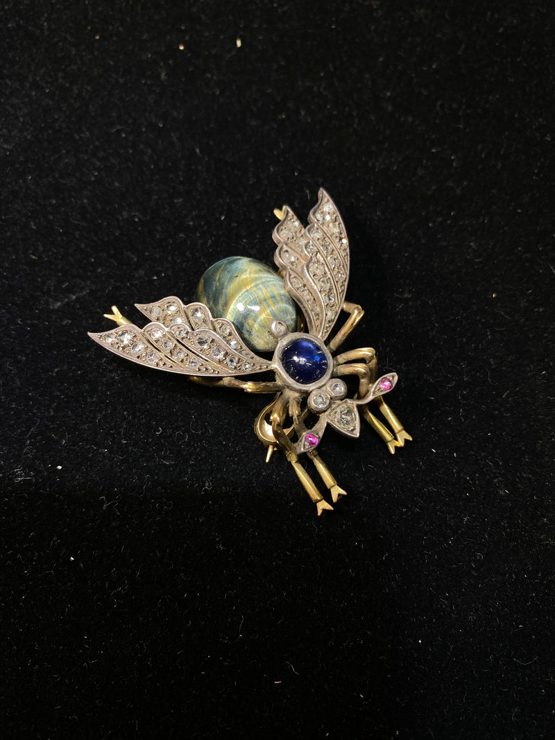 Victorian 1870's Tiger's-eye Bumble Bee Brooch/Pin with 44Diamonds& Ruby and Sapphire  in 18K YG - $20K COA!! } APR 57