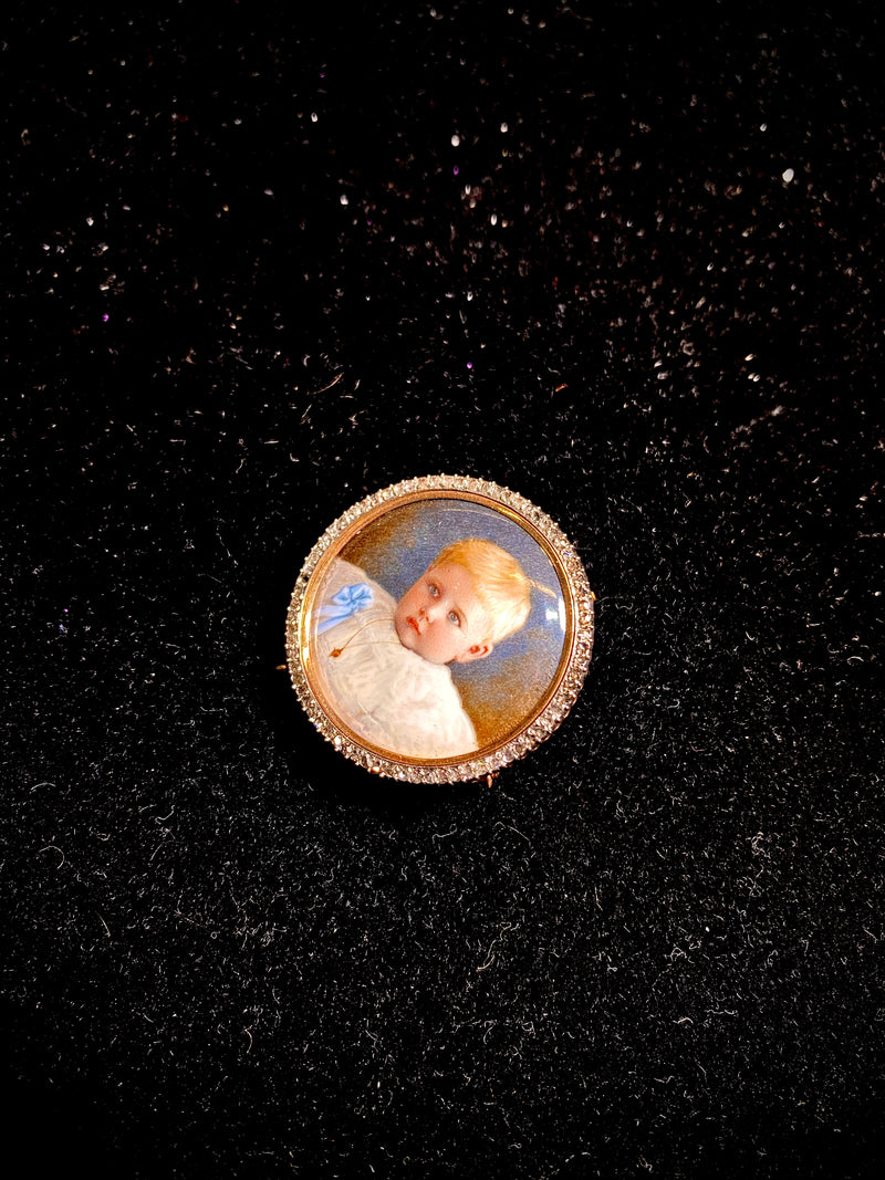 INCREDIBLE Antique Child Portrait Pearl YG Brooch w/ 74 Diamonds! - $10K Appraisal Value! } APR 57