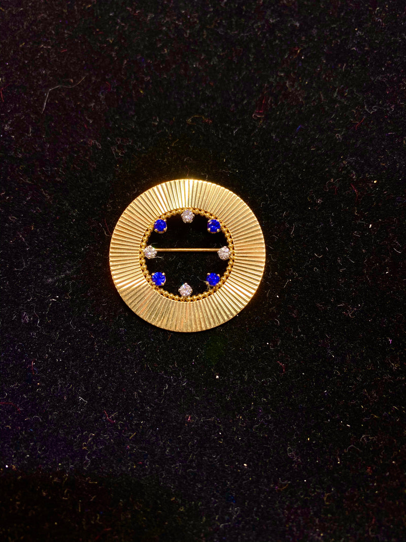 Vintage Designer Yellow Gold Sapphires and Diamond Circle Brooch Pin - $8K VALUE APR 57