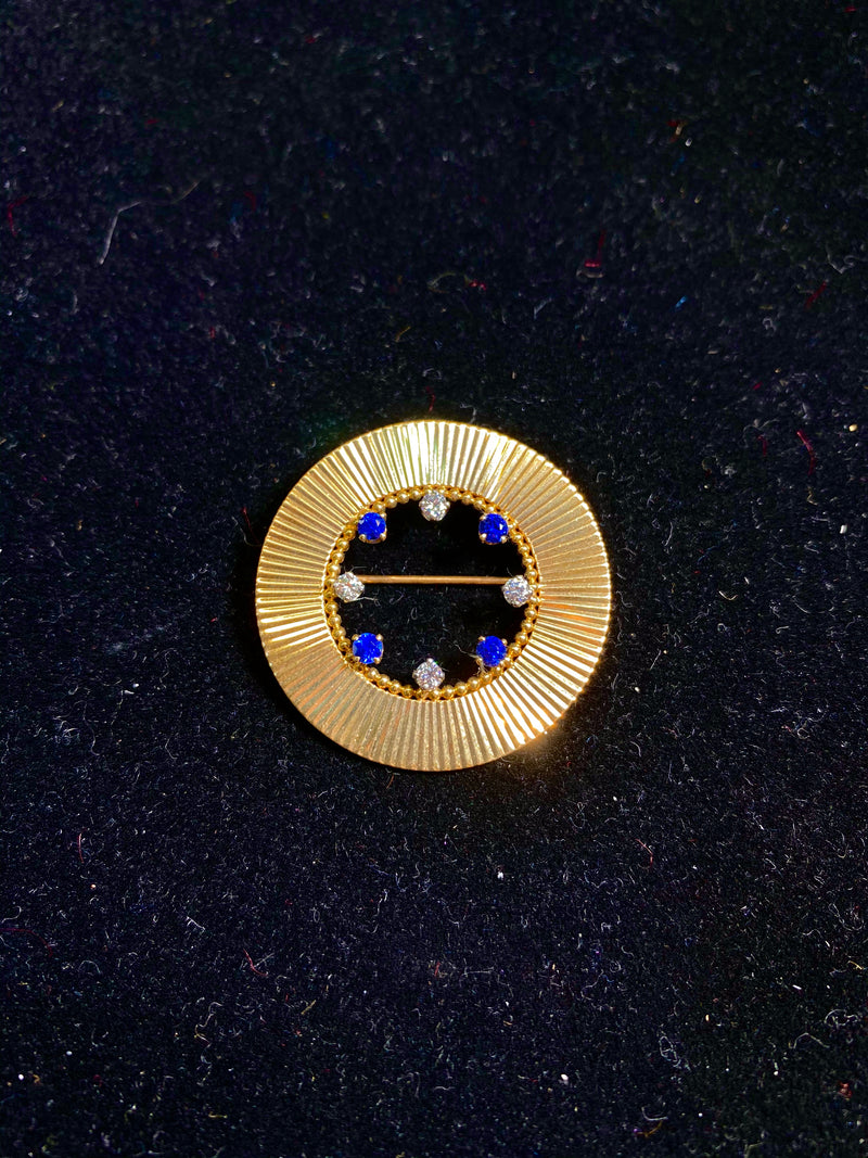 Vintage Designer Yellow Gold Sapphires and Diamond Circle Brooch Pin - $8K VALUE APR 57