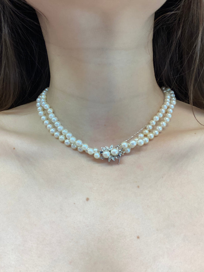 INCREDIBLE Vintage 1940s Double Strand Saltwater Peal WG Necklace w/ Diamond Clasp! - $8K Appraisal Value! } APR 57
