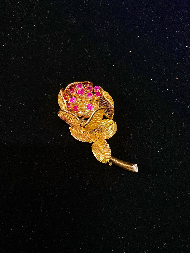Vintage 1960's 18KYG European Beautiful 16Ruby Flower Brooch/Pin w $20K COA !!!} APR 57