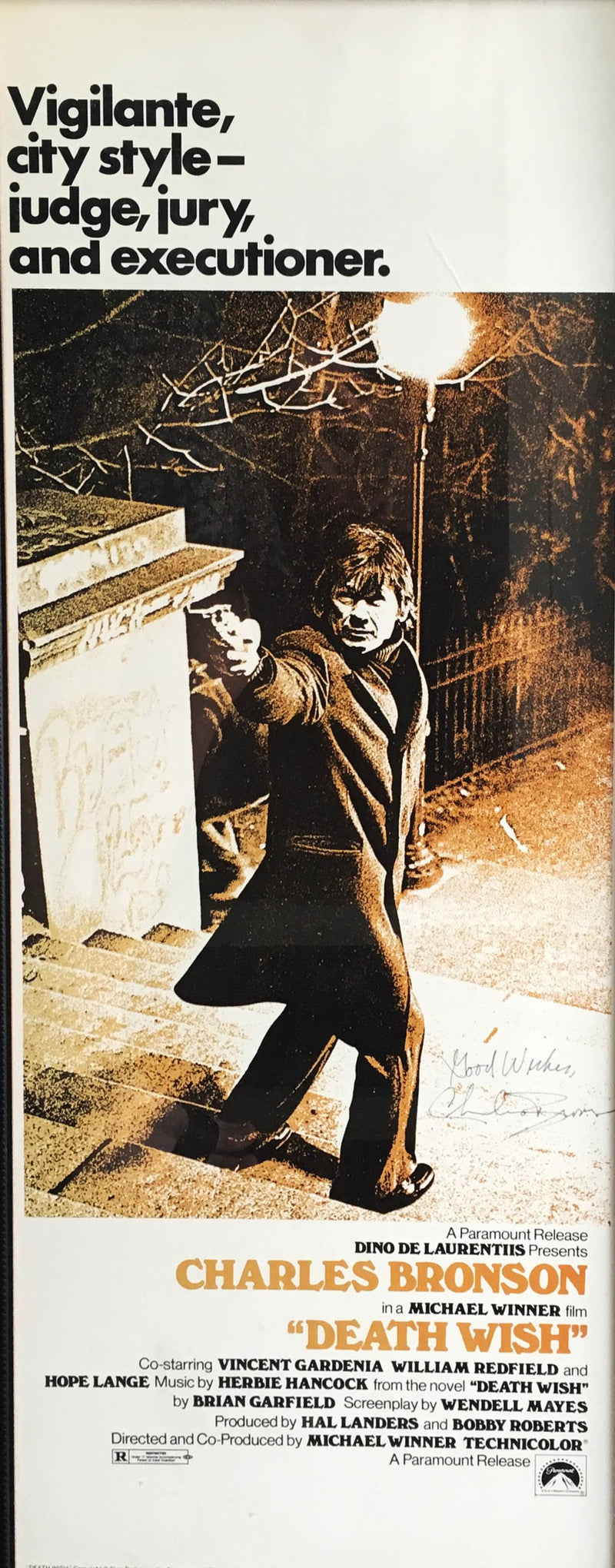 1974 "Death Wish" Movie Poster Signed Charles Bronson & Michael Winner Framed - $5K VALUE APR 57