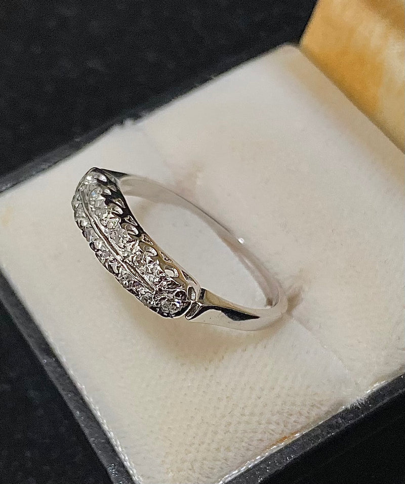 1930's Filigree Design Solid White Gold with 14 Diamonds Band Ring - $5K Appraisal Value w/CoA} APR57