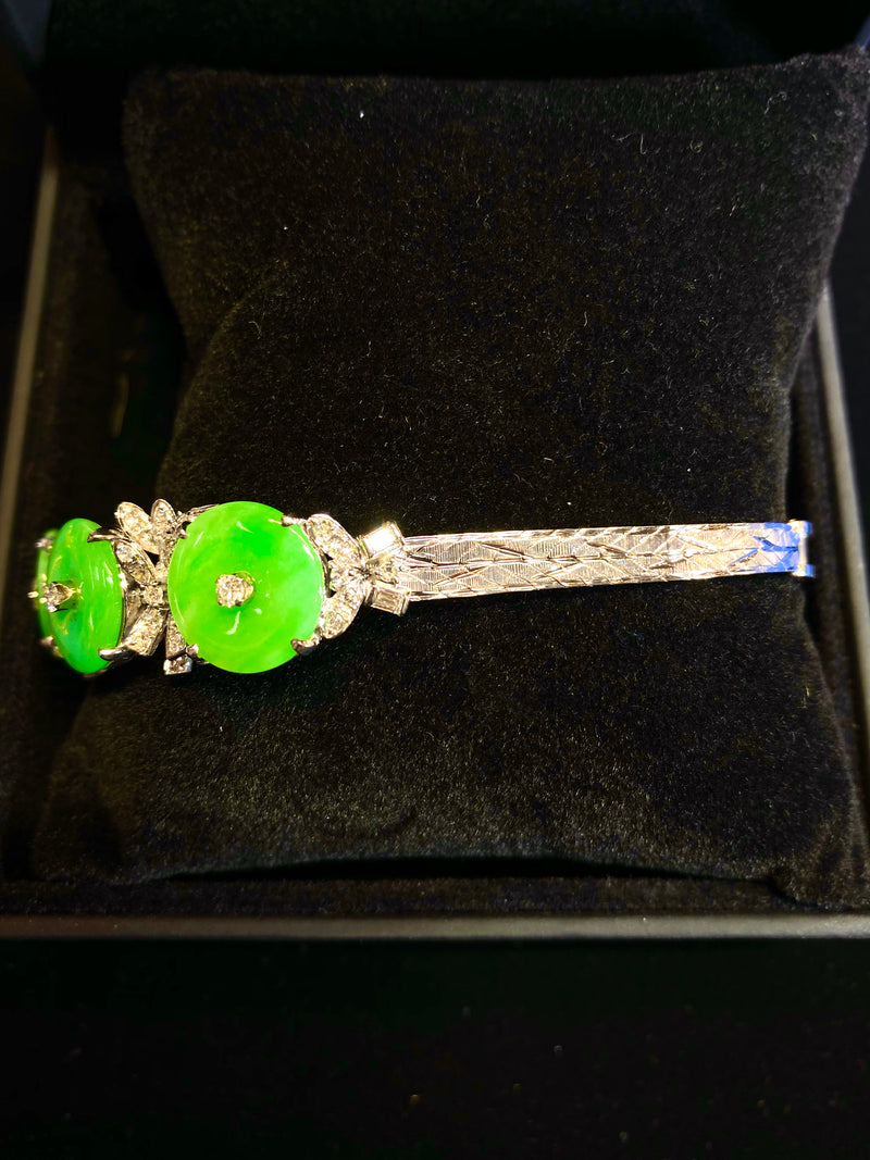 1940's Vintage Designer White Gold Diamond & Jadeite Bracelet - $15K APR Value w/ CoA! APR 57