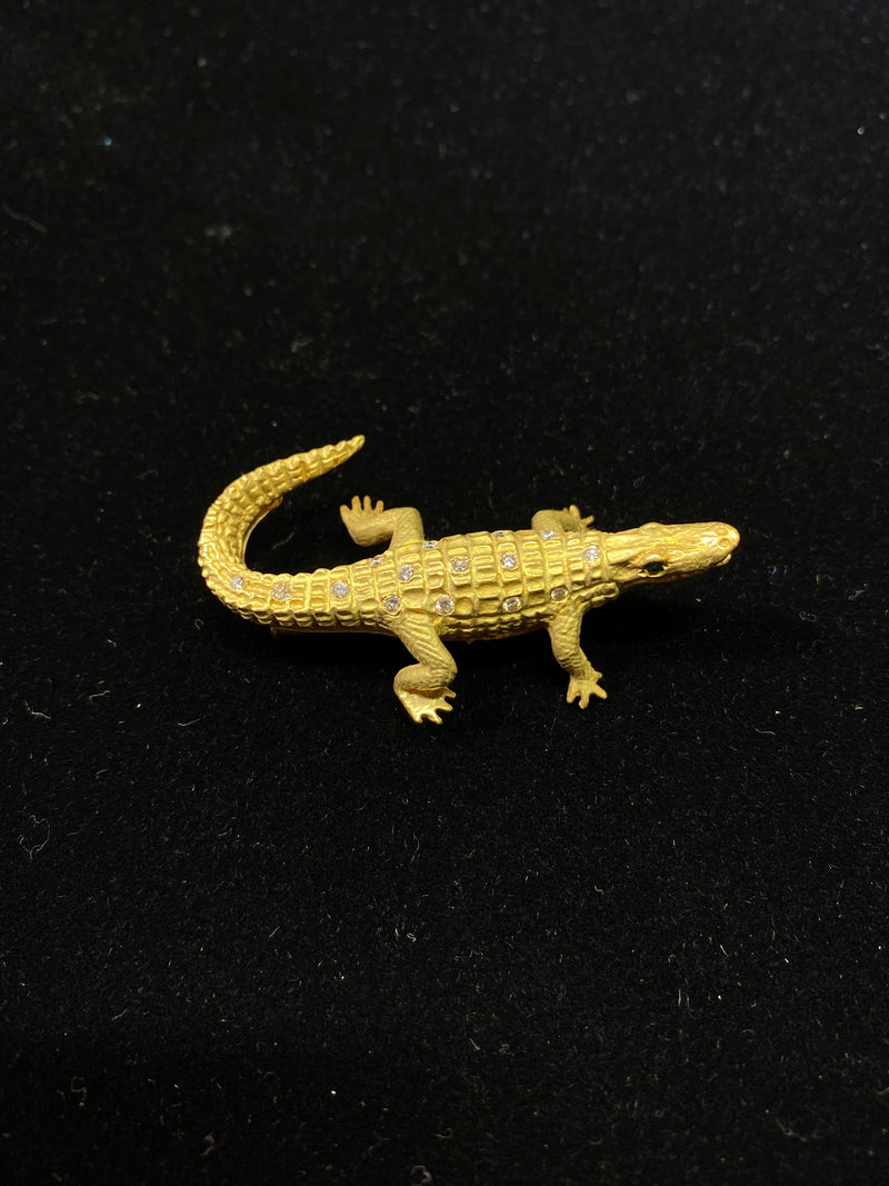 Vintage Matte 18K YG Alligator Crocodile Brooch Pin w/ 15-Diamonds - $20K VALUE! APR 57