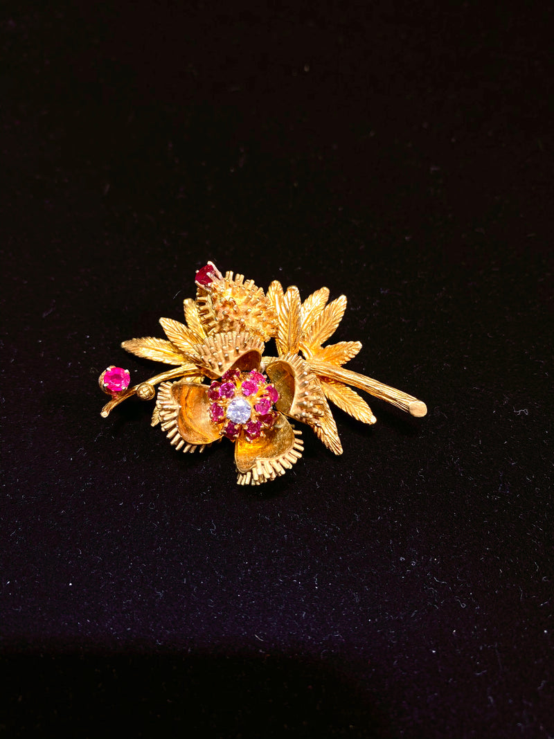 VCA Style Designer 18KYG Blooming 16 Ruby/Diamond Flower Brooch/Pin w 30K COA!!} APR 57